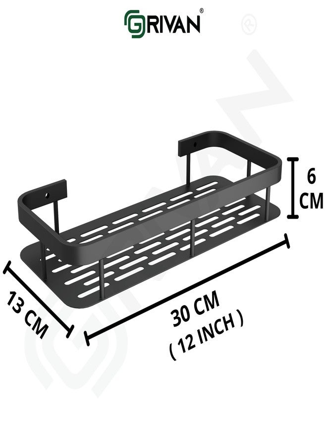 GRIVAN Modern Aluminium Self-Adhesive Wall Mounted 12-inch Bathroom Rack Shelf Organiser | Bathroom Accessories Without Drill for Bathroom and Kitchen (Black, Pack of 2) - Image 2